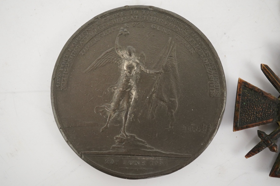 Four medals; an Admiral Hood 1795 Naval Action off the Isle de Groix Lord Bridport bronze medal, obverse with portrait of Hood and 'A. A. HOOD LORD BRIDPORT ADMIRAL OF THE WHITE, and the reverse with figure of Victory, s